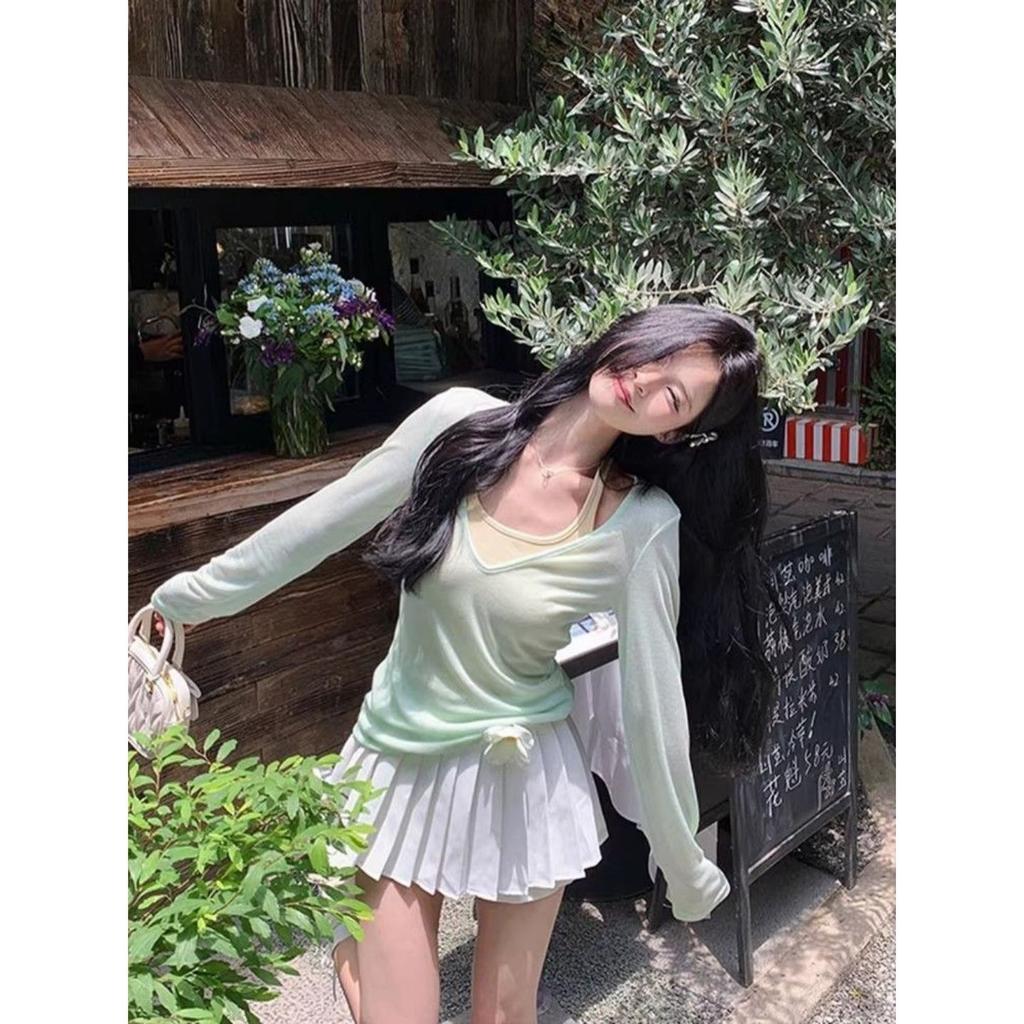 Pure desire Spice Girl slim-fit tulle sunscreen blouse women's summer American thin two-piece slightly transparent long-sleeved t-shirt top