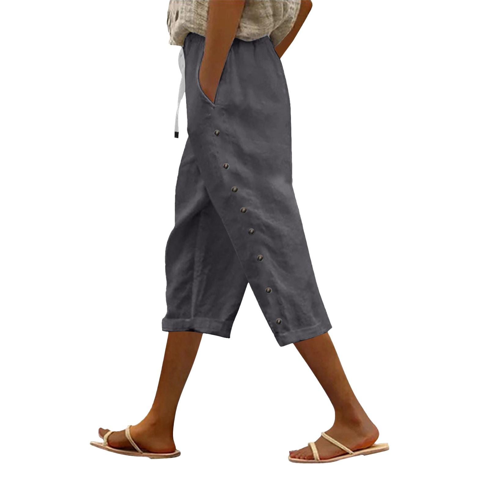 

Women Casual Side Button Up Trendy Pants Baggy Elastic Waist Straight Leg Comfort Trousers With Pocket L