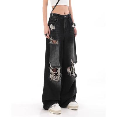 Jean rétro déchiré taille haute pour femme - Pantalon droit, ample, slim, jambes larges avec une touche de streetwear