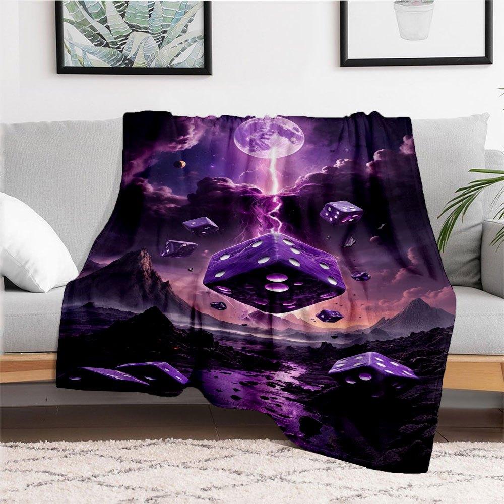 Purple Dice Fantasy Landscape Wall Art PrintBlanket Flannel Throw Blanket for Sofa, Bed, Travel, Camping, Office