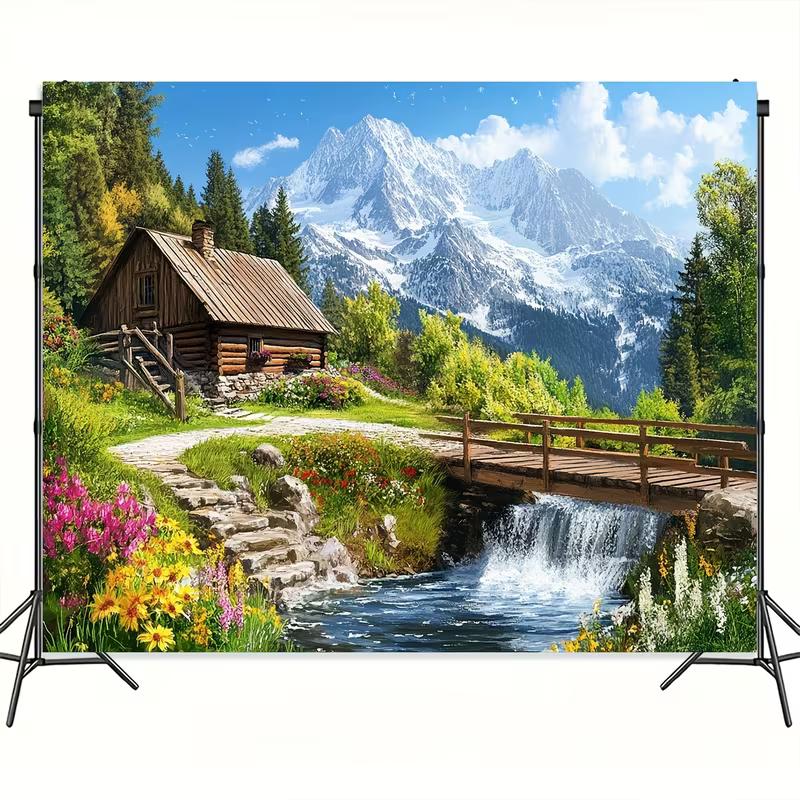 

2D Scenic Mountain Backdrop, Alpine Cabin with Waterfall & Forest Photography Background 47.2x31.5inch/120*80cm