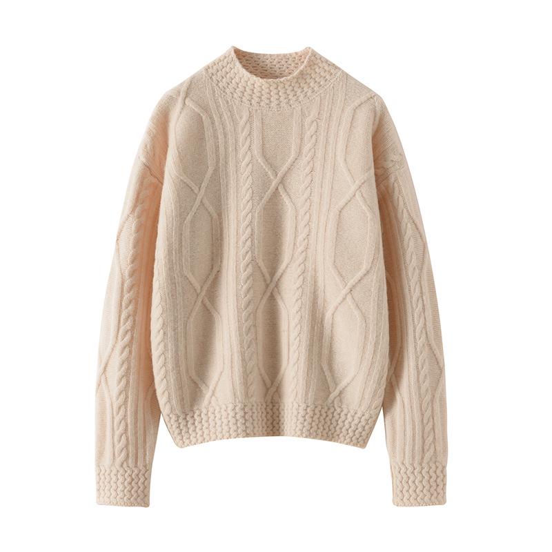 Women's Heavy Knit Wool Cashmere Cable Sweater with Half-High Neck - New Loose Fit for Autumn/Winter