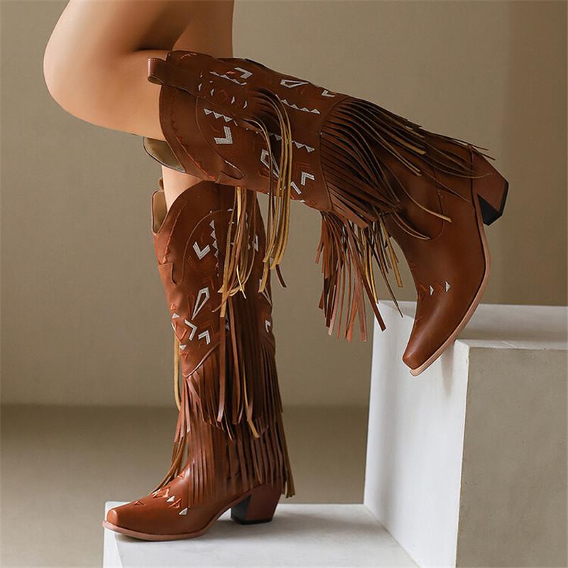 Fashion New Autumn Winter Women Boot Fashion Embroidered Western Denim Boots for Women Chunky Heel Tassels Mid-calf Boots Ladies Shoes
