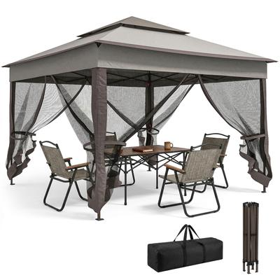 3,25 x 3,25m Deluxe Metall-Pavillon mit Vorhängen - Braun und Grau