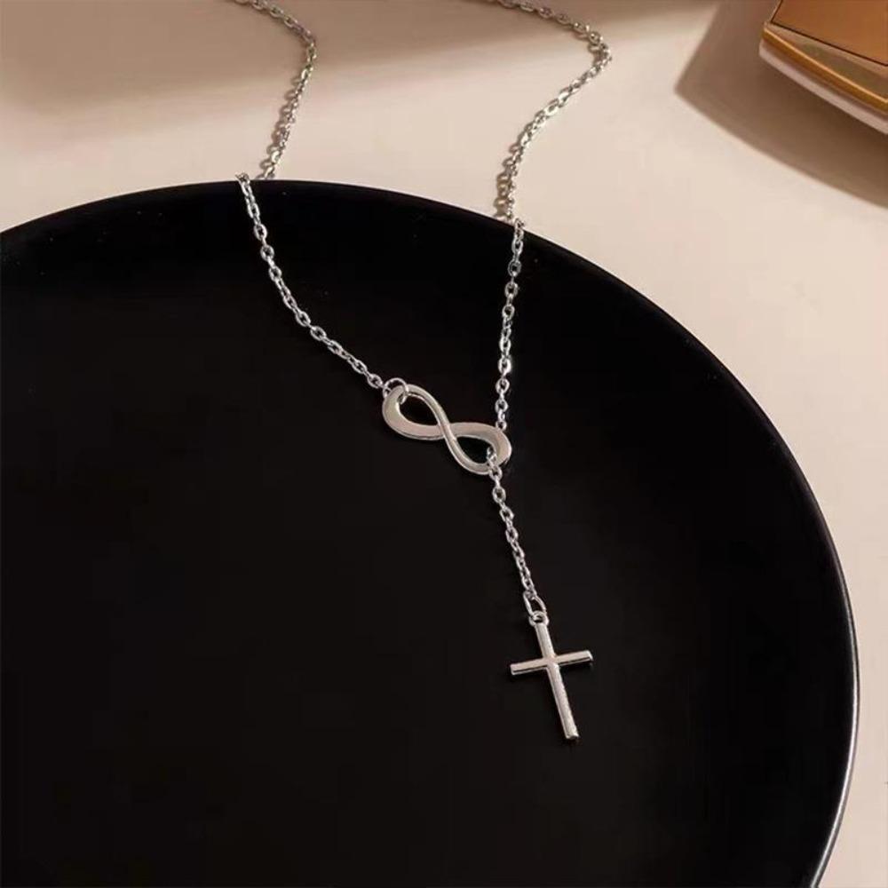 Trendy Minimalist Number 8 Tassel Cross Pendant Necklace for Women Fashion Layering Chain
