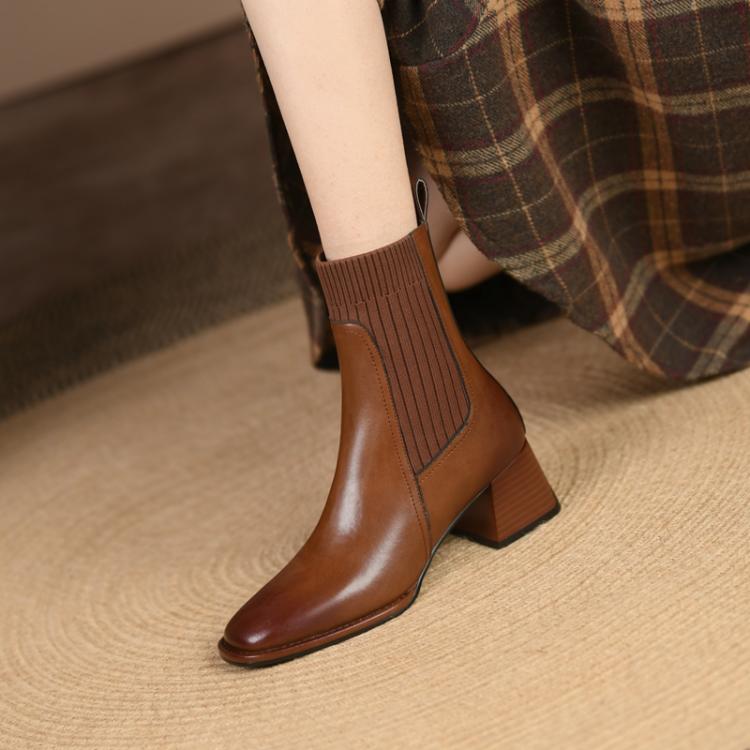 Bottines en cuir de vache pour femmes, bottes tricotées volantes, chaussures Vintage à talons épais, bottes courtes