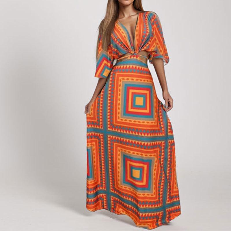 

Весна Новая Женская Мода Принтованное Сексуальное Платье с Глубоким V-образным Вырезом и Открытой Талией на Бретелях 3XL