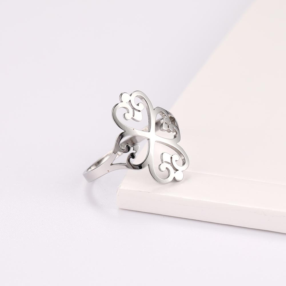COOLTIME Geometric Filigree Flower Rings for Women Stainless Steel Vintage Four-leaf Clover Rings Wedding Birthday Party Gift