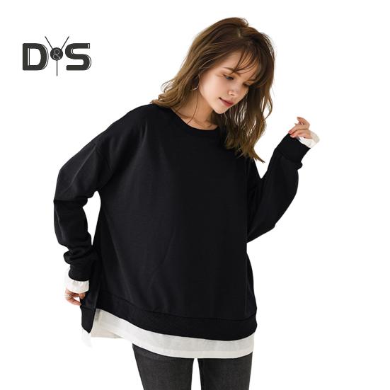 Women Sweatshirt Round Neck Long Sleeve Solid Color Loose Fit Pullover Tops Fake Two Pieces Side Slit Design Casual Sport Tops
