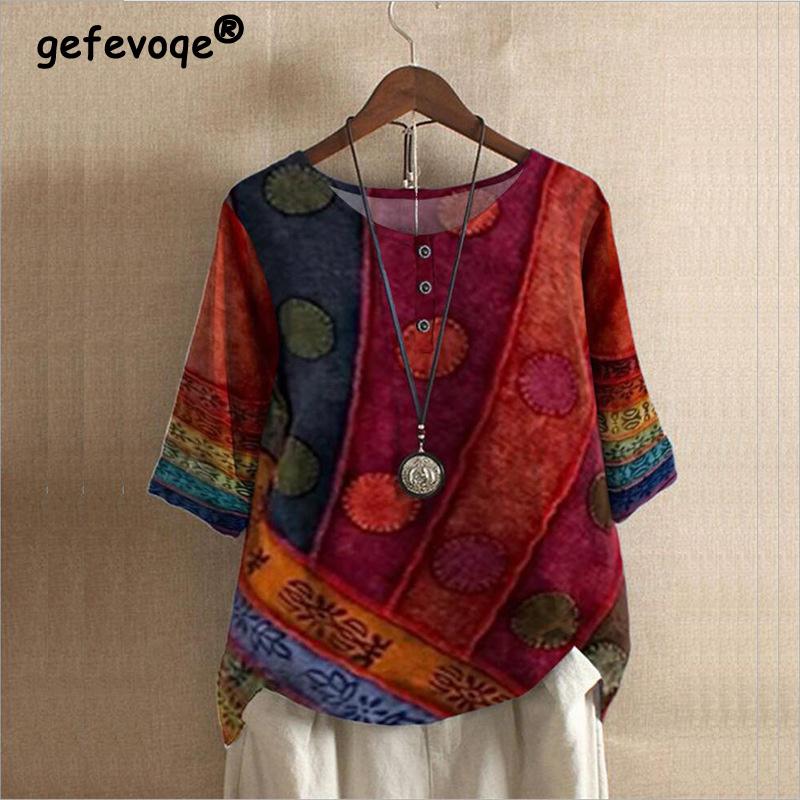 Ethnic Style Women's O-neck Digital Vintage Print Loose Shirt Half Sleeve Blouses Tops Women Harajuku Casual Pullover
