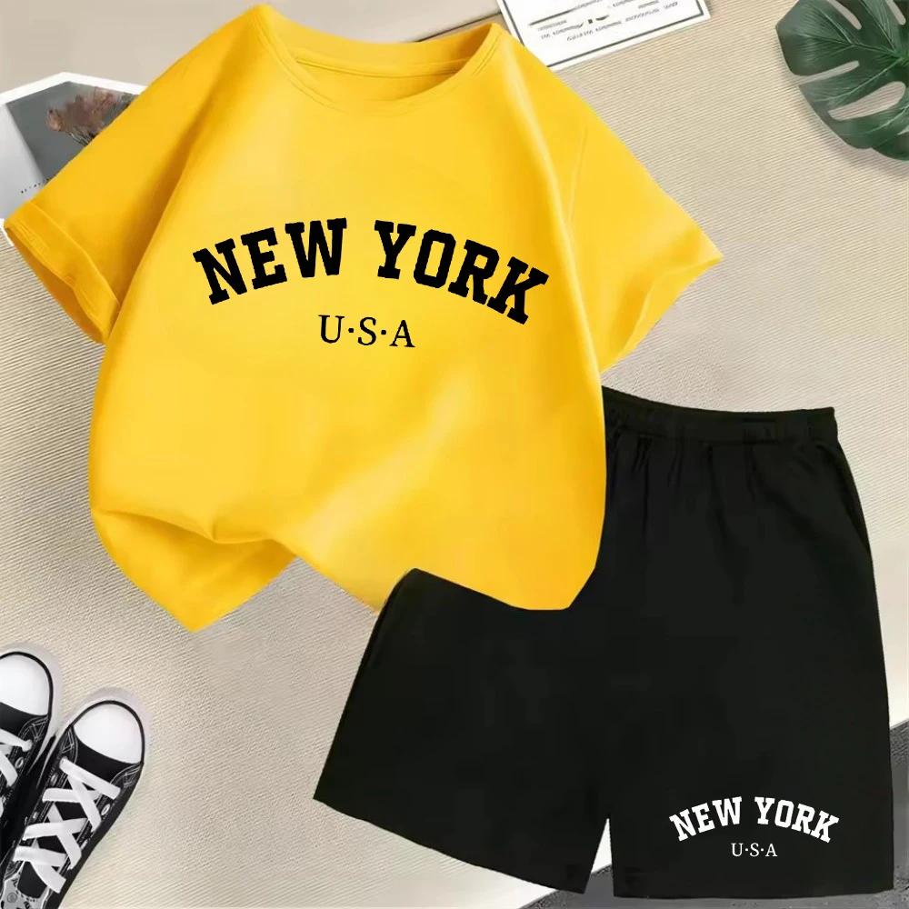 2026 New Kids Boys Girls New York Letter Pattern Polyester T-shirt+Shorts 2-Piece Set Casual Daily