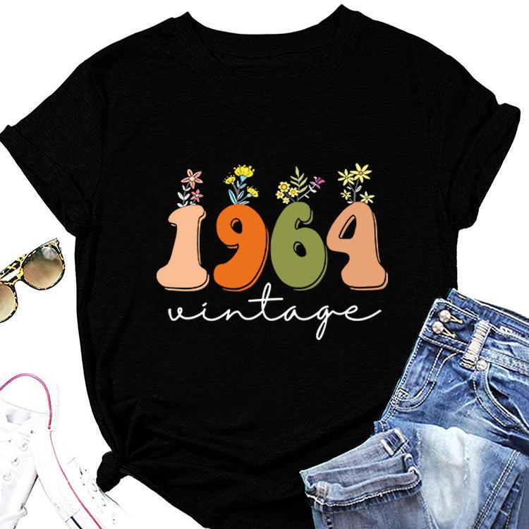 Casual Loose short sleeve Tshirt 1964 vintage printed Summer Ladies O neck fashion top