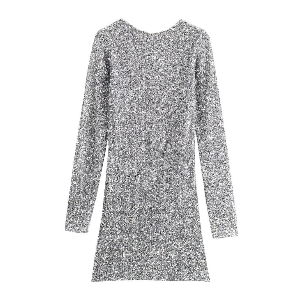 2024 Winter European & American Round Neck Sequin Long Sleeve Dress - Elegant & Simple Fashion for Women