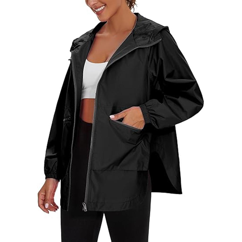 Women's Fashionable Solid Color Casual Hooded Windbreaker Long Sleeved Jacket