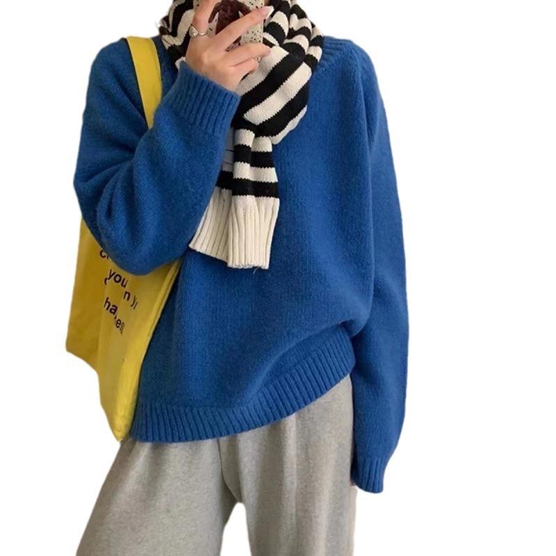 Versatile Sweater Women Thick Loose Autumn Winter Round Neck Minimalist Solid Korean Knit Top