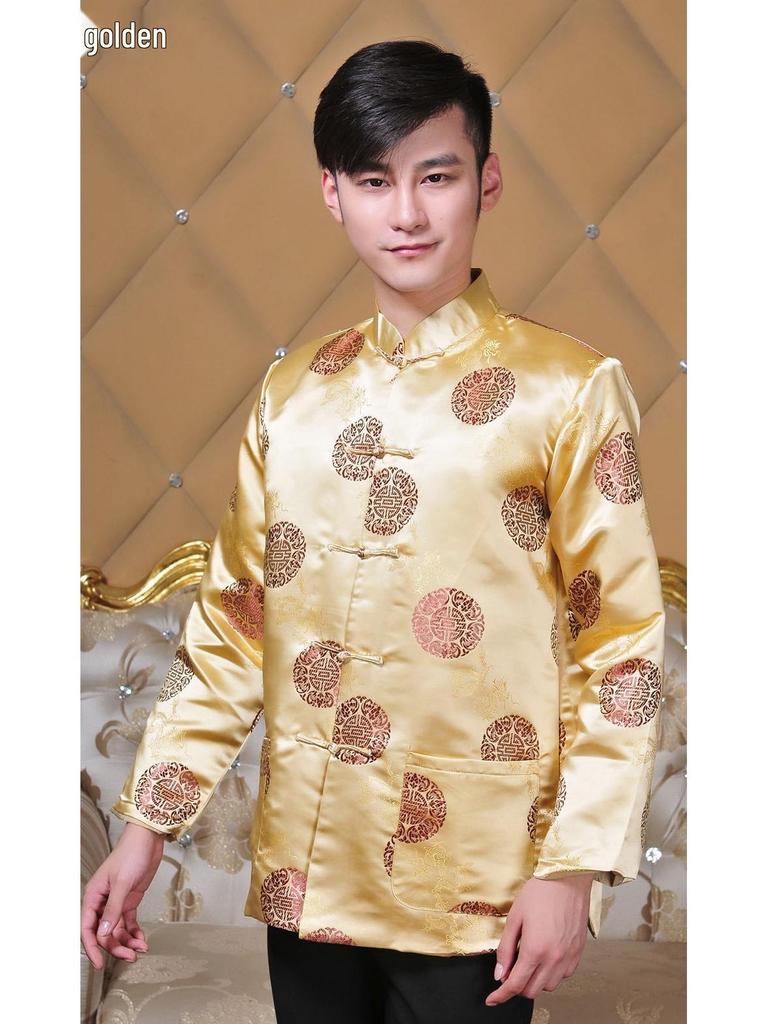 APEK Men's Red Long Sleeve Tang Suit Ethnic Outerwear for Spring, Autumn, Winter