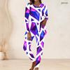 Women Plus Size Abstract Printed Two Piece Pants Set Round Neck Long Sleeve Longline Top Fitted Pants