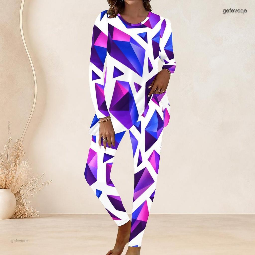 Women Plus Size Abstract Printed Two Piece Pants Set Round Neck Long Sleeve Longline Top Fitted Pants