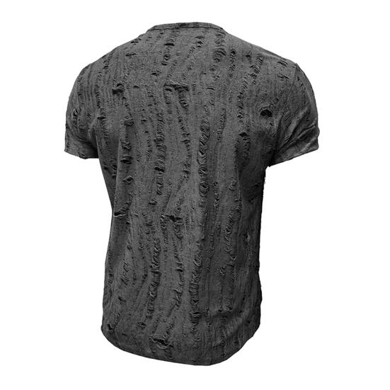 Summer Men Top Short Sleeves Round Neck Ripped Holes Buttons American Style Solid Color Shirt for Streetwear Daily Travel