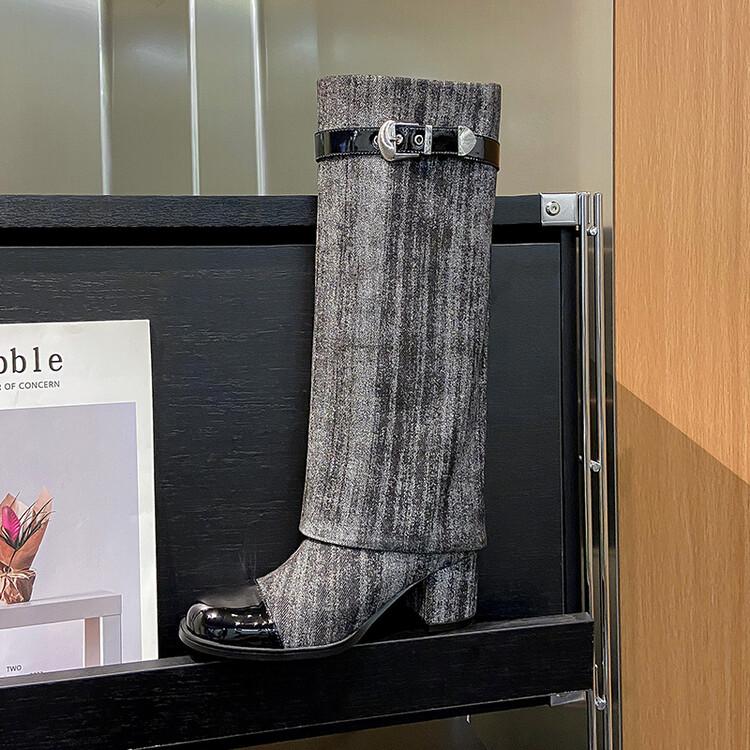

Fashion Brand Cowhide+denim Leather Buckle Long Boots Autumn Winter Spicy Girls 5.5cm High Heels Fashion Knee High Women Denim Boots 44 34
