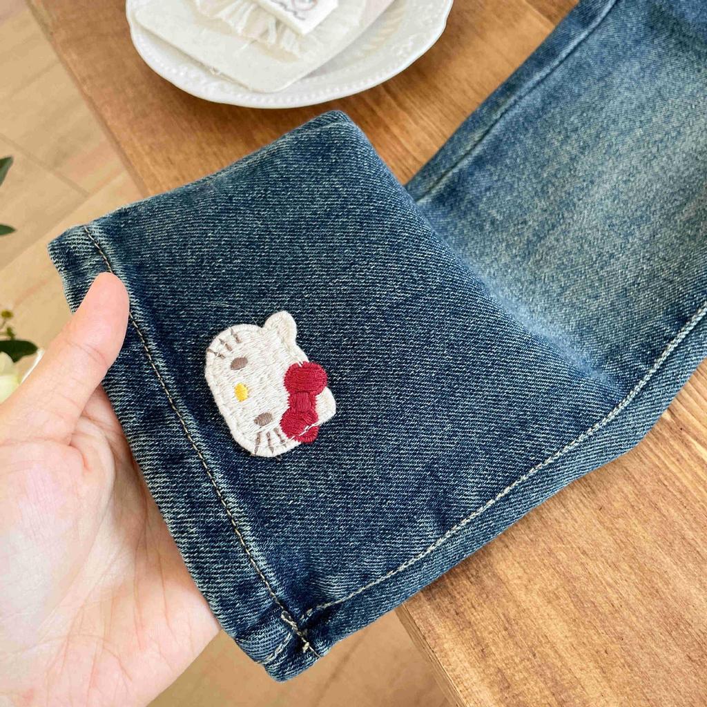 Girls' Cartoon Cat Embroidered Flared Denim Jeans with Lace Waist - Super Sweet Autumn Pants