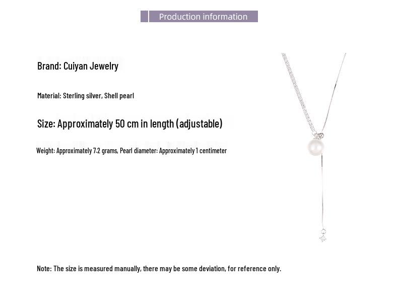 Cui Yan S925 Sterling Silver Korean Asymmetrical Long Necklace with Rhinestones & Pearl Clavicle Chain
