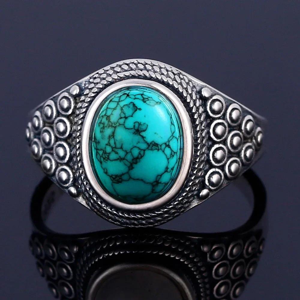 S925 Silver Vintage Ring With Natural Turquoise Stone Rings Oval and Round Shape Flower Carved Rings For Women Men