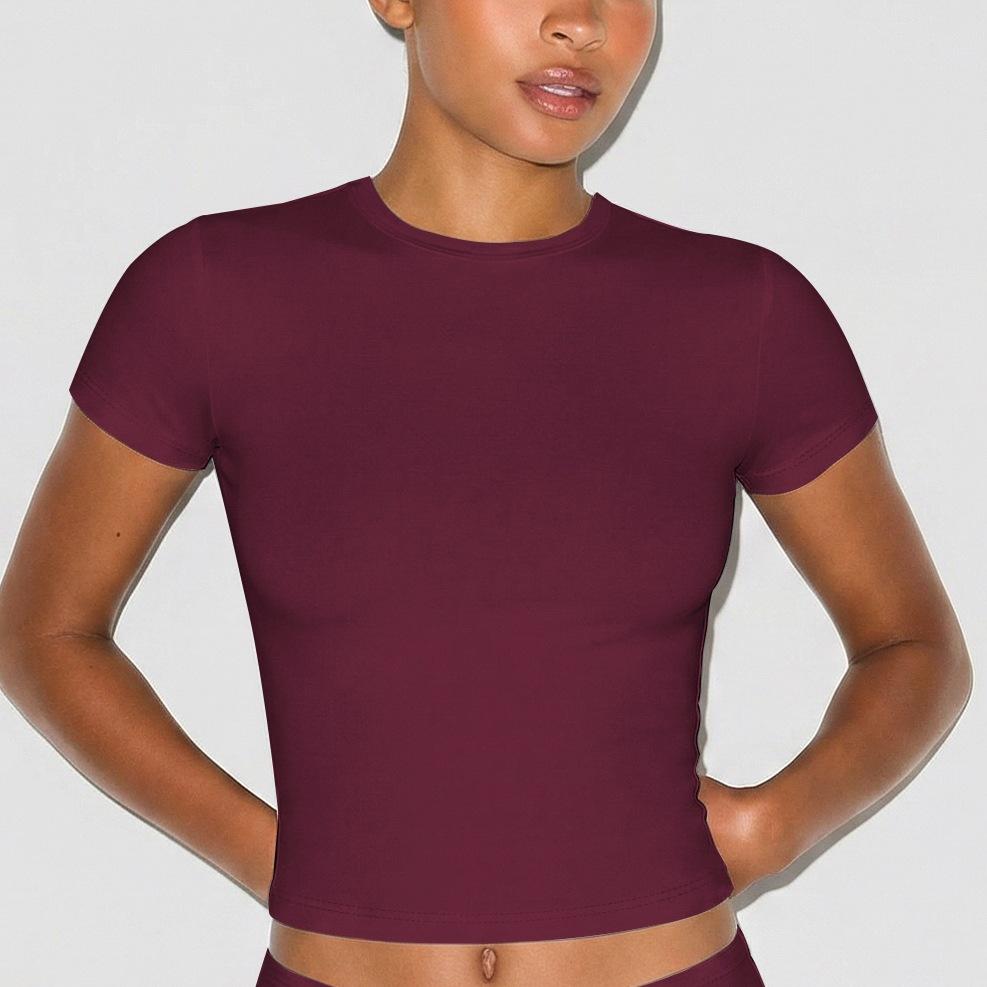 Cross-border new sports and leisure short-sleeved suit, European and American Spice Girls slim-fit elastic tight round neck front shoulder T-shirt top