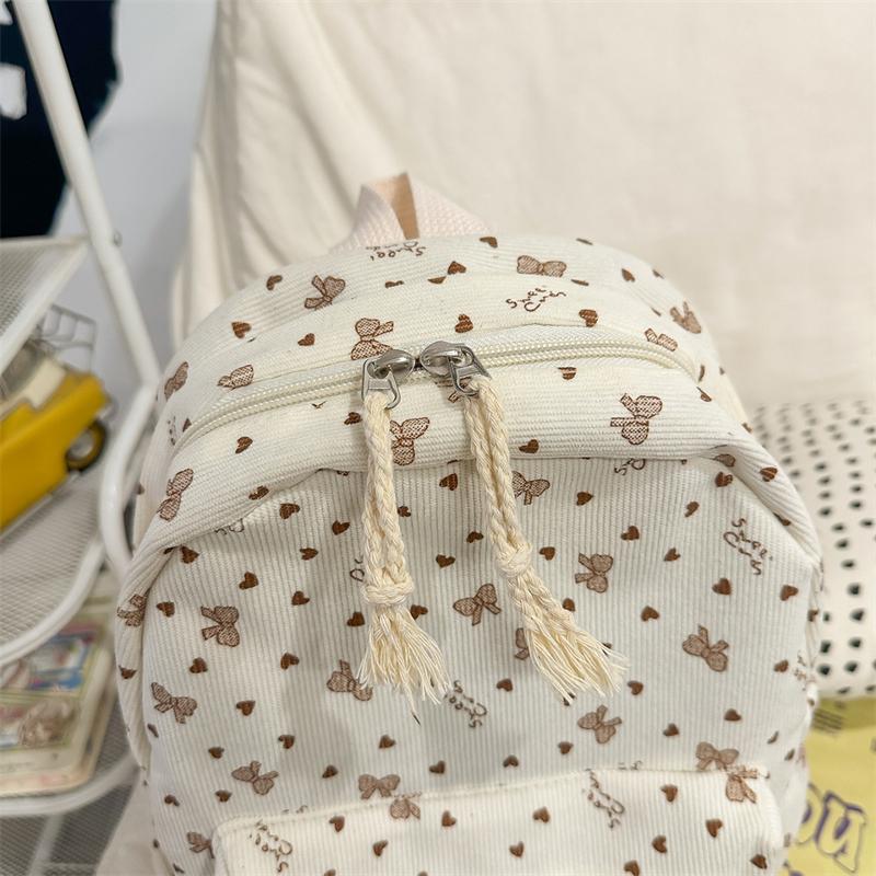 Women's Corduroy Backpack Large Capacity Bow Student Schoolbag