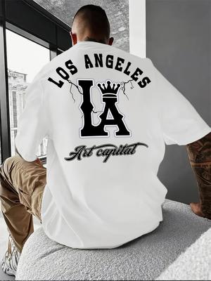 Men's Summer 100% Cotton Fashionable Casual Loose Large Size Los Angeles Letter Printed Round Neck Short Sleeve T-shirt Top