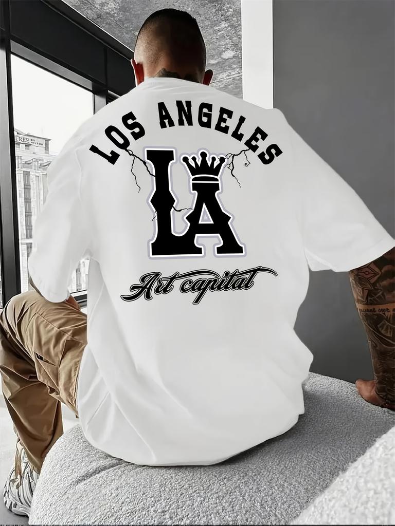 Men's Summer 100% Cotton Fashionable Casual Loose Large Size Los Angeles Letter Printed Round Neck Short Sleeve T-shirt Top