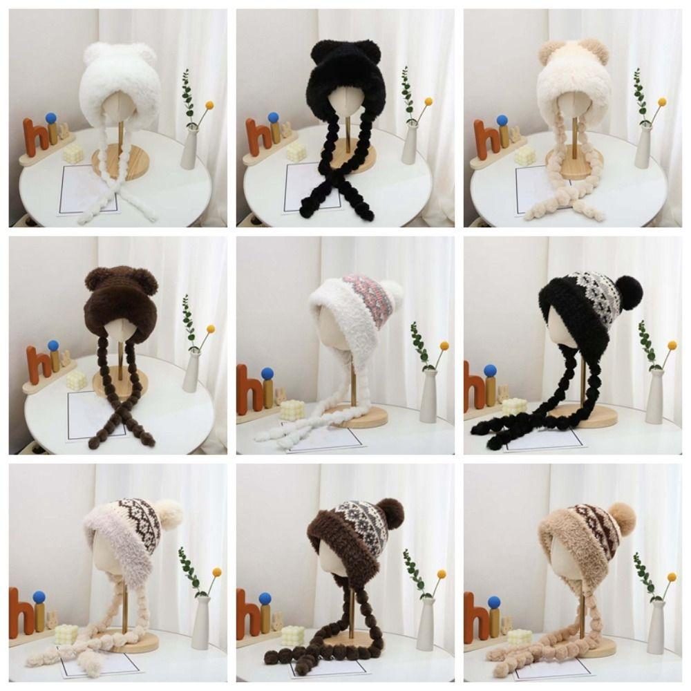 Fleece Lined Fleece Knit Beanie Fur Brim Earflap Winter Cap Pompom Braids Hat  Skiing