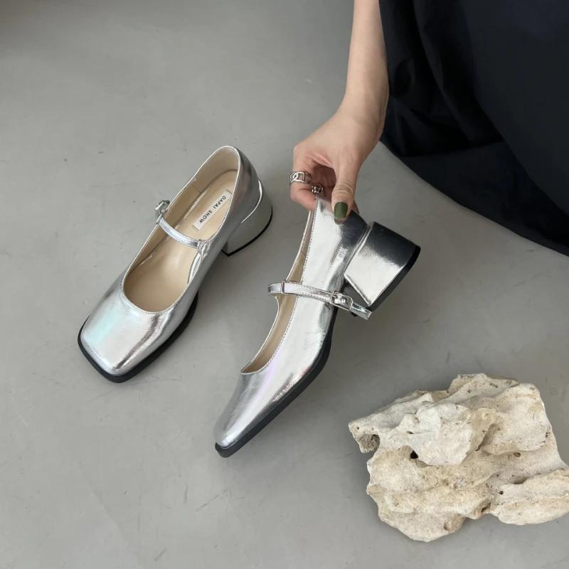 Women Heels Shoes Fashion Square Toe Women Mary Jane Shoes Soft Sole Ballet Shoes Luxury Shallow Buckle Women Sandals