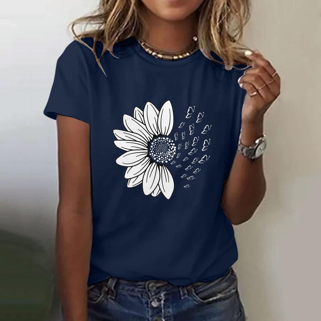 Women's Casual Floral Print Short Sleeved T-shirt With Round Neck  Top