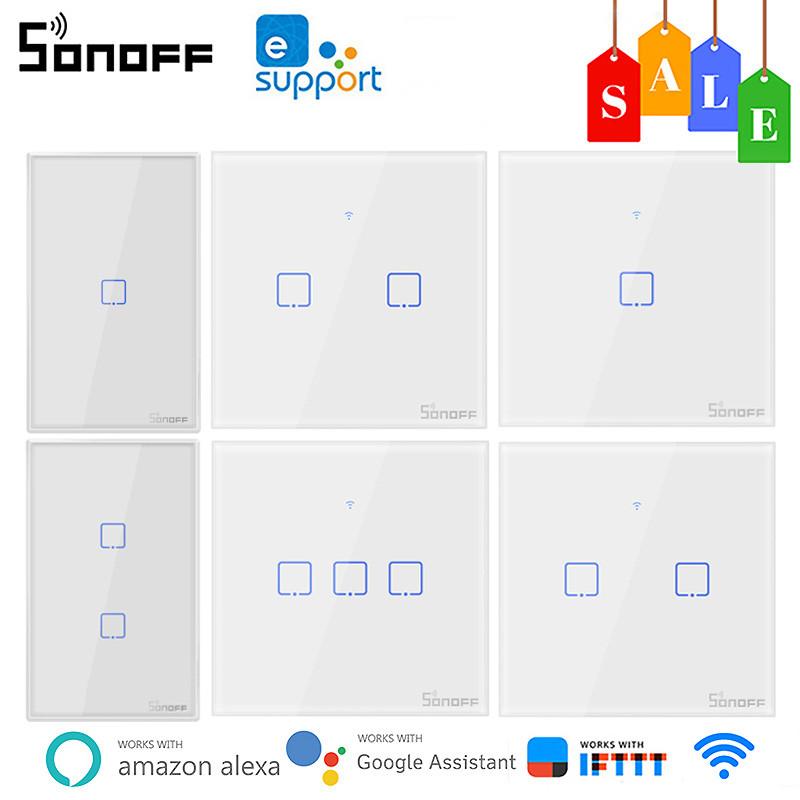

SONOFF T0 T1 Wi-Fi художественный настенный выключатель ЕС/США/Великобритании 1/2/3 групповой выключатель света с дистанционным управлением через приложение Ewelink работает с Alexa Google