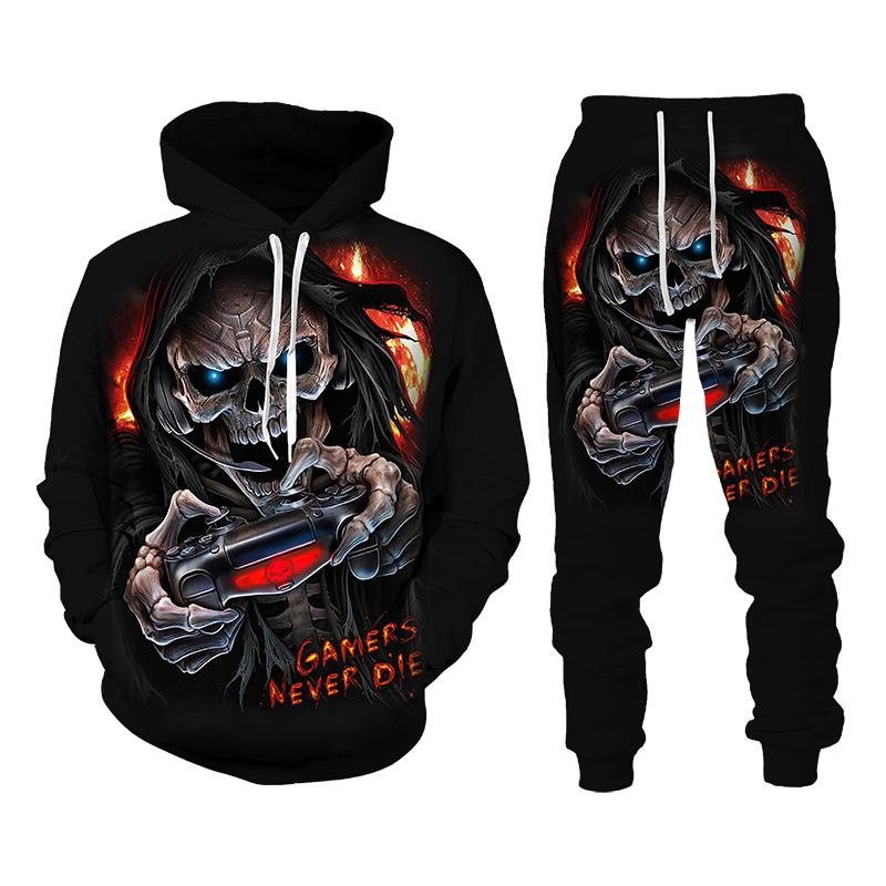 Vintage Gothic Skull Pattern 3D Print Men Tracksuit Sets Casual Hoodie+Pants 2pcs Sets Oversized Sweatshirt Trend Men Clothing