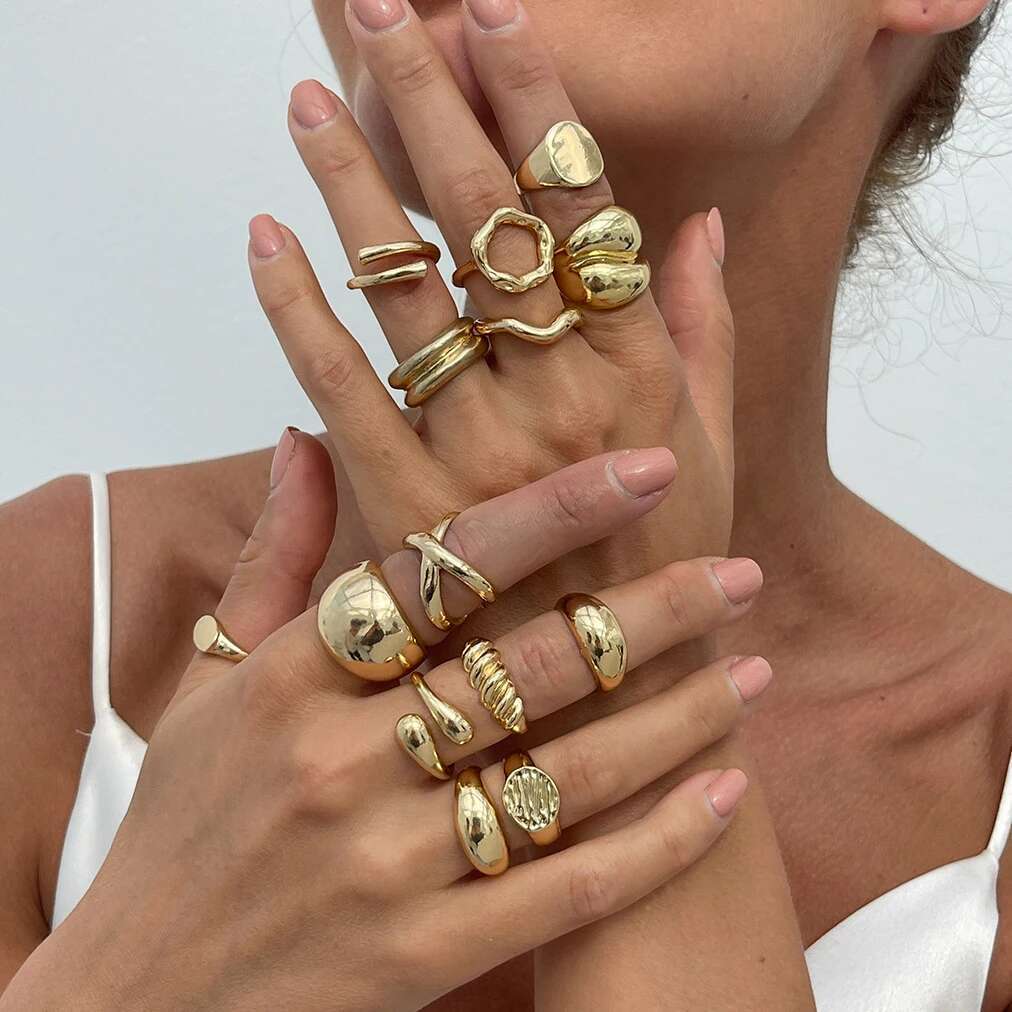 PuRui 14 Stück/Set Retro Kreative Silberfarbene Ringe für Damen Herren Gothic Chunky Dicke Hohlringe Finger Offen Verstellbarer Schmuck