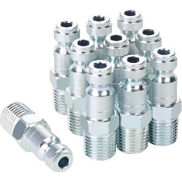 1/4 Air Hose Fittings, 1/4 Inch Female Threads Size, Automotive T-type Coupler, Steel Material, 300PSI Max Working Pressure, 10 Pieces Air Compressor 1/4 MNPT PLUG