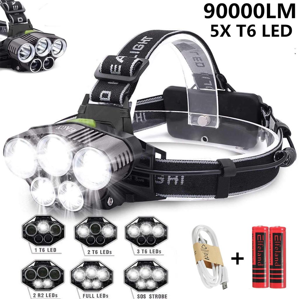 Headlamp Rechargeable 90000LM T6 LED Zoom Headlight Head Torch 18650 Battery