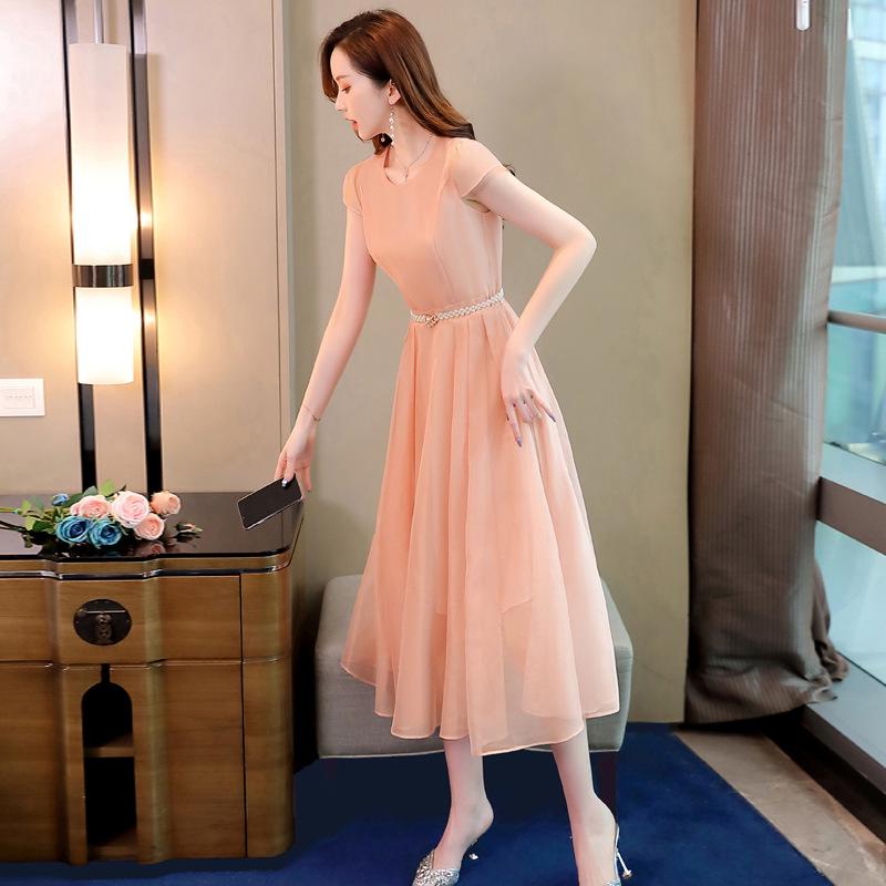 Women's 2025 Summer Chiffon Long Dress - Waist-Slimming French Style, Short-Sleeved
