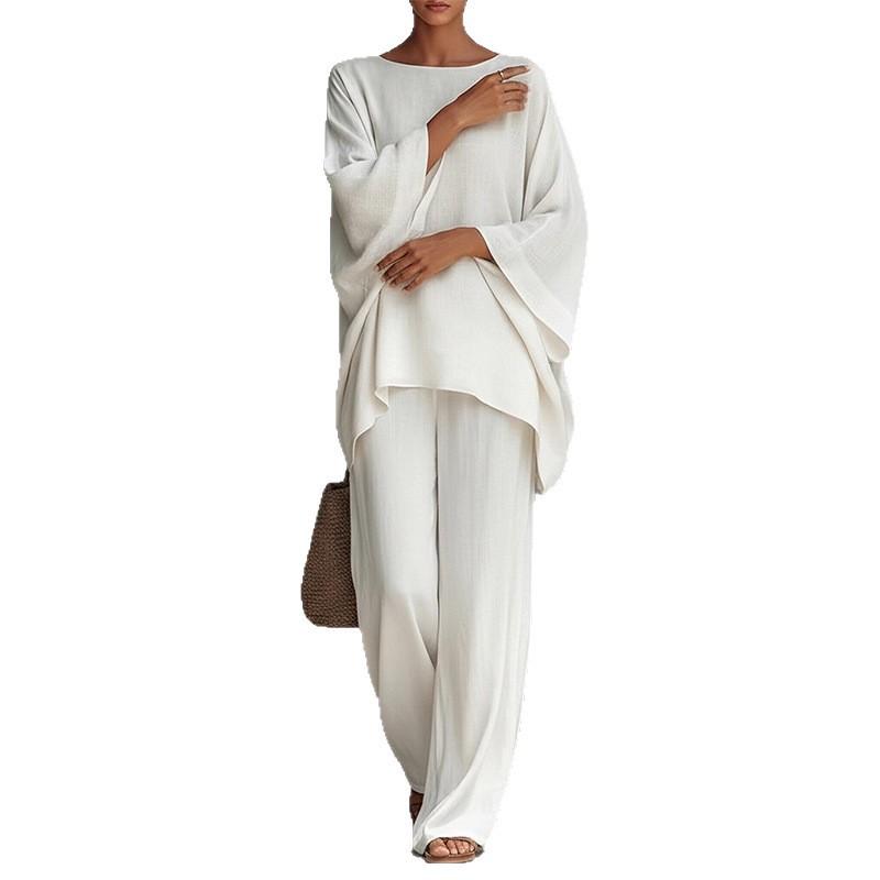 2026 spring new women's clothing, Europe, America and Amazon cross-border, fashionable solid color loose bat sleeve trousers two-piece set