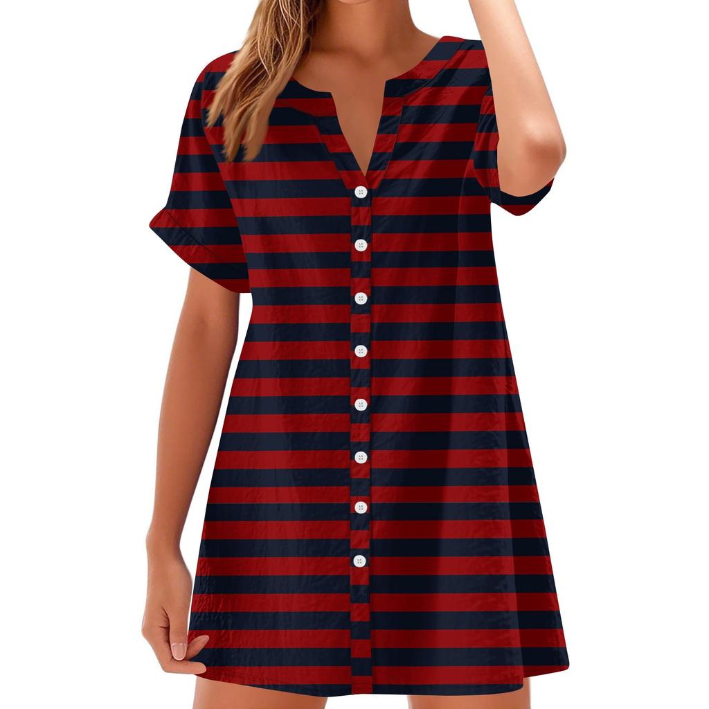 Women Fashion Casual V-neck Short Sleeve Button Stripe Print Dress
