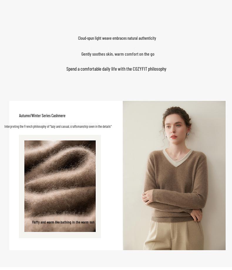 Autumn/Winter 2025 Two-Piece Color Block Cashmere Women's Slimming Knit Pullover