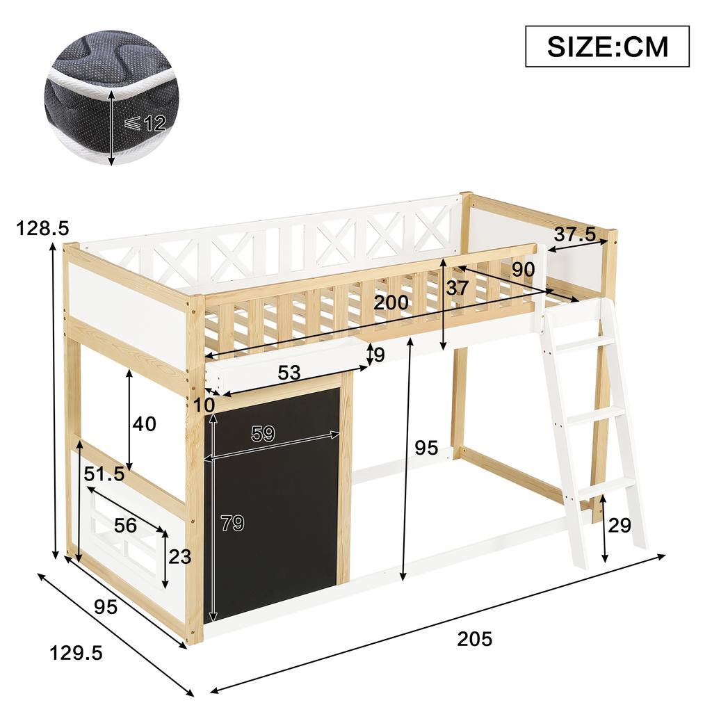 Loft Bed, Children's Bed, With Small Board for Painting, With Storage Box, Safety Rail, Storage Under the Bed, Pine + MDF, White+Natural, 90x200cm