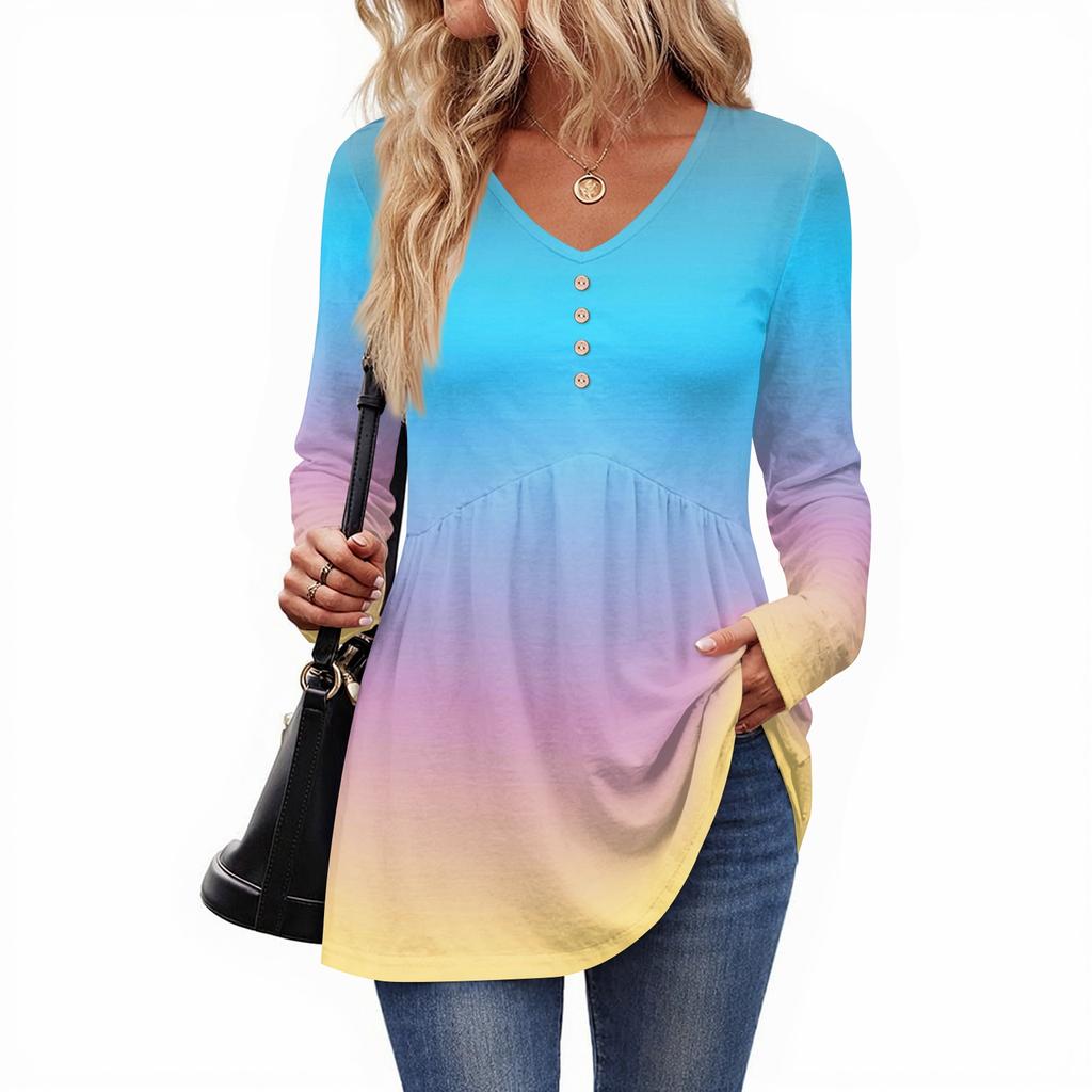 Women's Casual Fashion V-Neck Button Gradient Long Sleeve Top