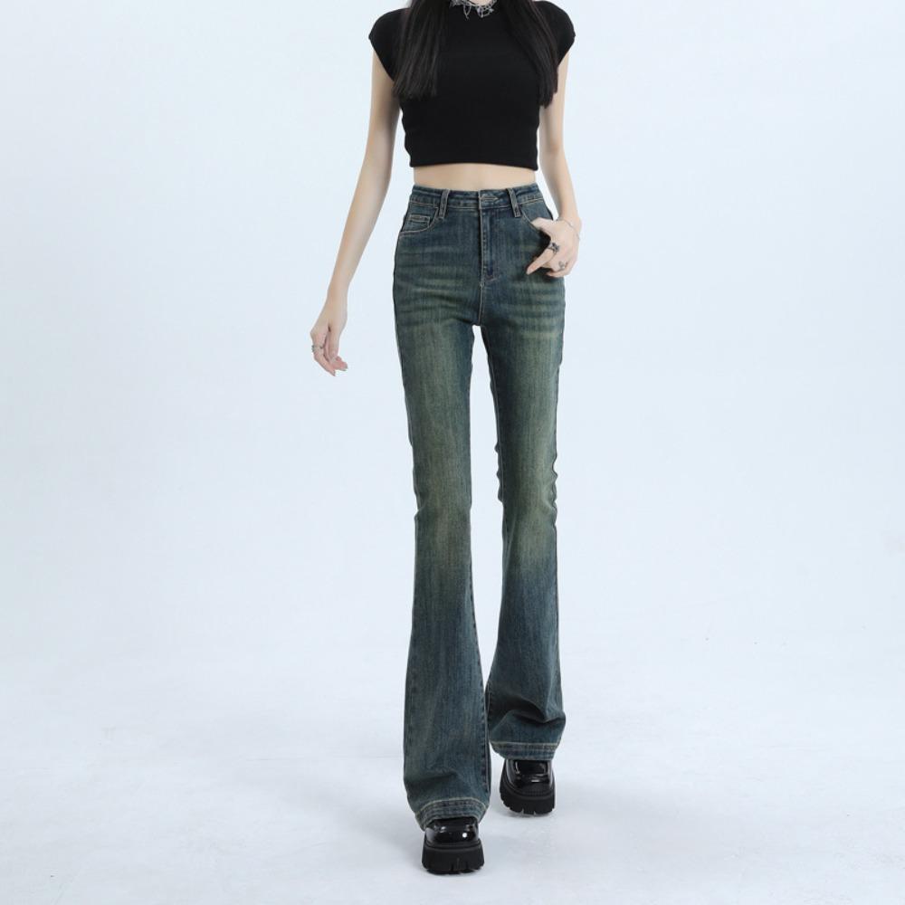 Personalized micro-pull jeans women's spring and autumn new high-waisted horseshoe pants versatile American retro horn jeans