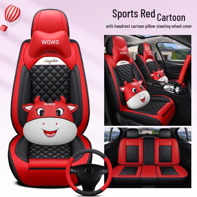 2021 Little Lucky Cow Leather Cartoon Car Seat Cushion for All Seasons - Fits Five Seats
