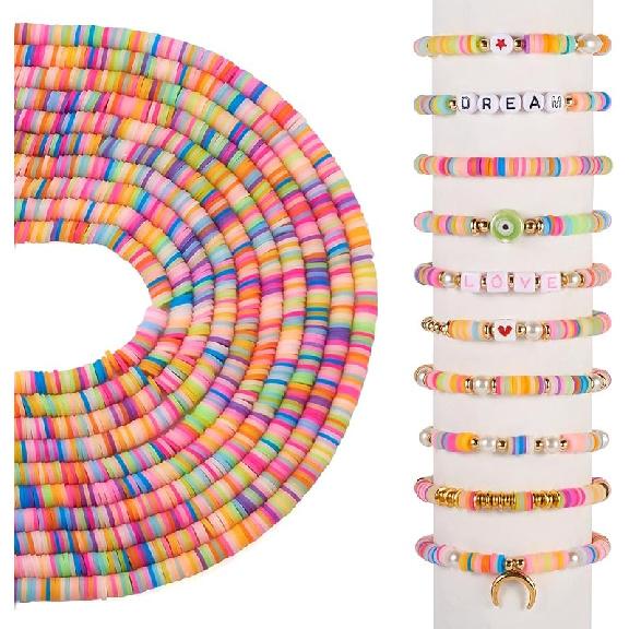 Pandahall 7 Strands 6mm Flat Polymer Clay Beads Speckled Vinyl Heishi Beads 7 Colors Pearlized Colorful Disc Clay Spacer Beads for Friendship
