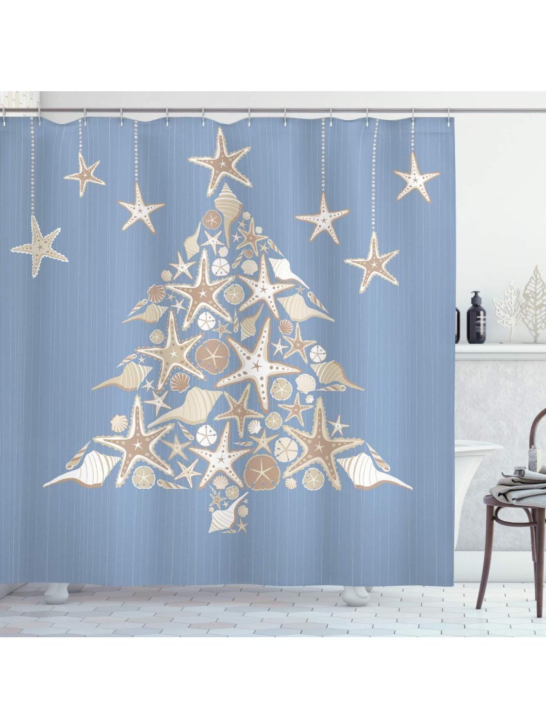 

Christmas Shower Curtain, Elements Sea Life Theme With Noel Tree Winter Season, Cloth Fabric Bathroom Decor Set With Hooks W60H190(CM)-1 Pcs