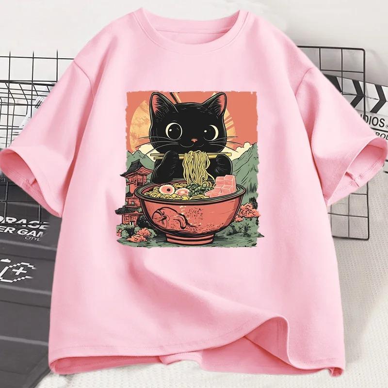 Cute Black Cat Eating Ramen T-Shirt Kids Adorable Graphic Tee Shirt Foodie and Cat Lover T-shirt Animal Printed Tees Top